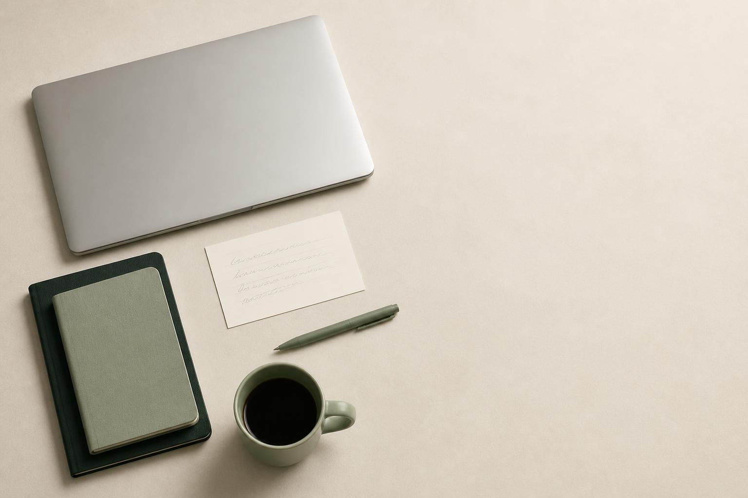 Overhead flat lay of a closed laptop, sage and ink notebooks, an index card, a pen and a mug of coffee on a cream surface
